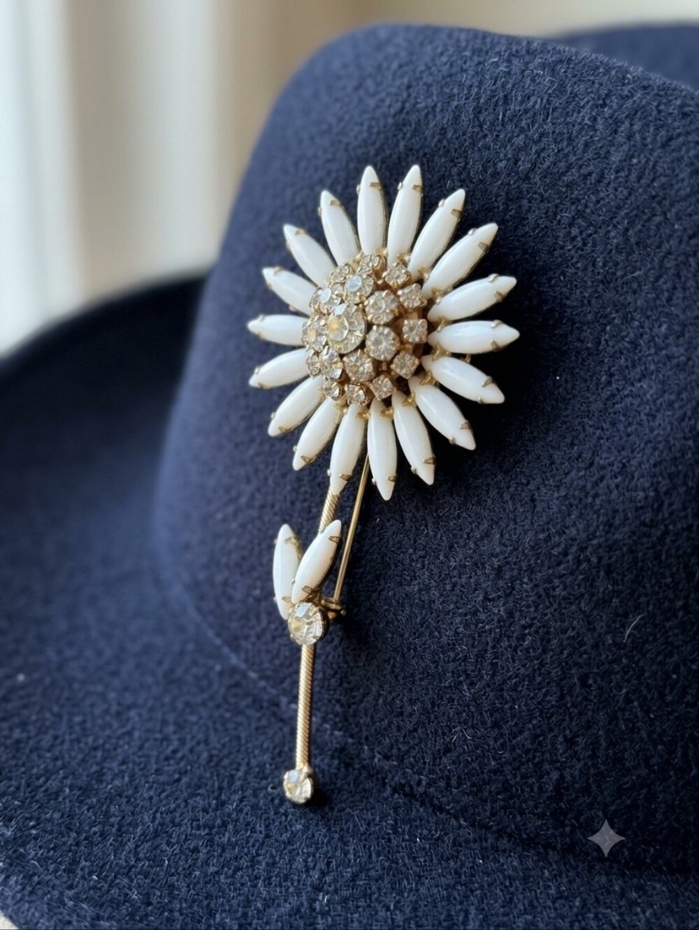 Vintage Unsigned White Milk Glass Rhinestone Flower Daisy Stem Brooch Pin 1950s